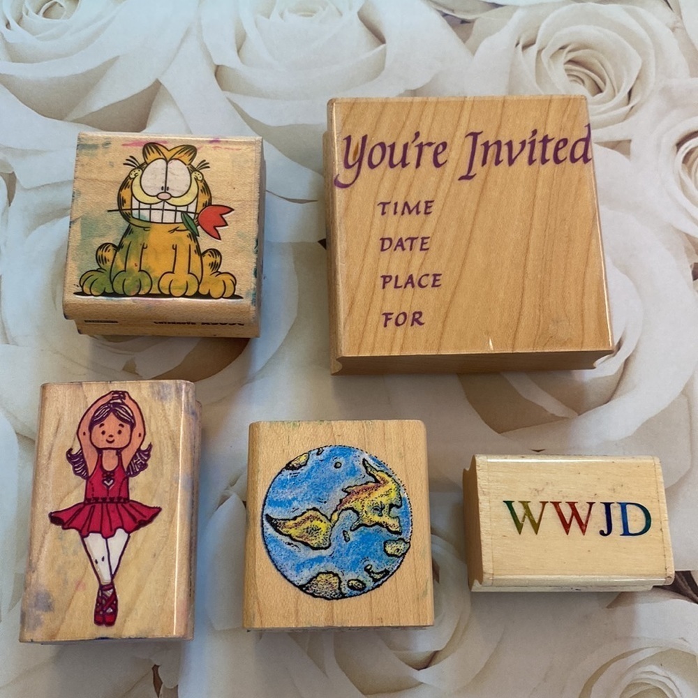 Lot of Assorted Wood Mounted Stamps Garfield Ballerina WWJD Earth Globe